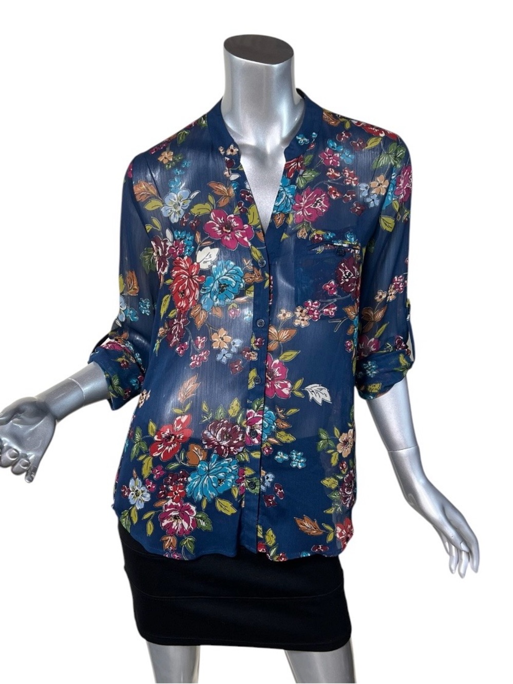 Kut From The Kloth Semi Sheer Floral Roll Tab Sleeve Blouse V Neck Top SMALL